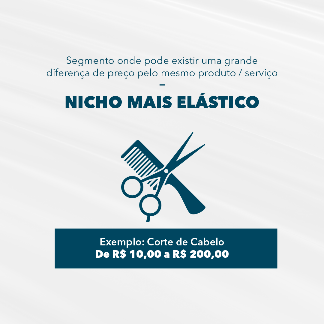 Imagem com o texto: Segmento onde pode existir uma grande diferença de preço pelo menos produto/serviço é igual um nicho mais elástico, como por exemplo um corte de cabelo que pode custar de 10 reais até 200 reais